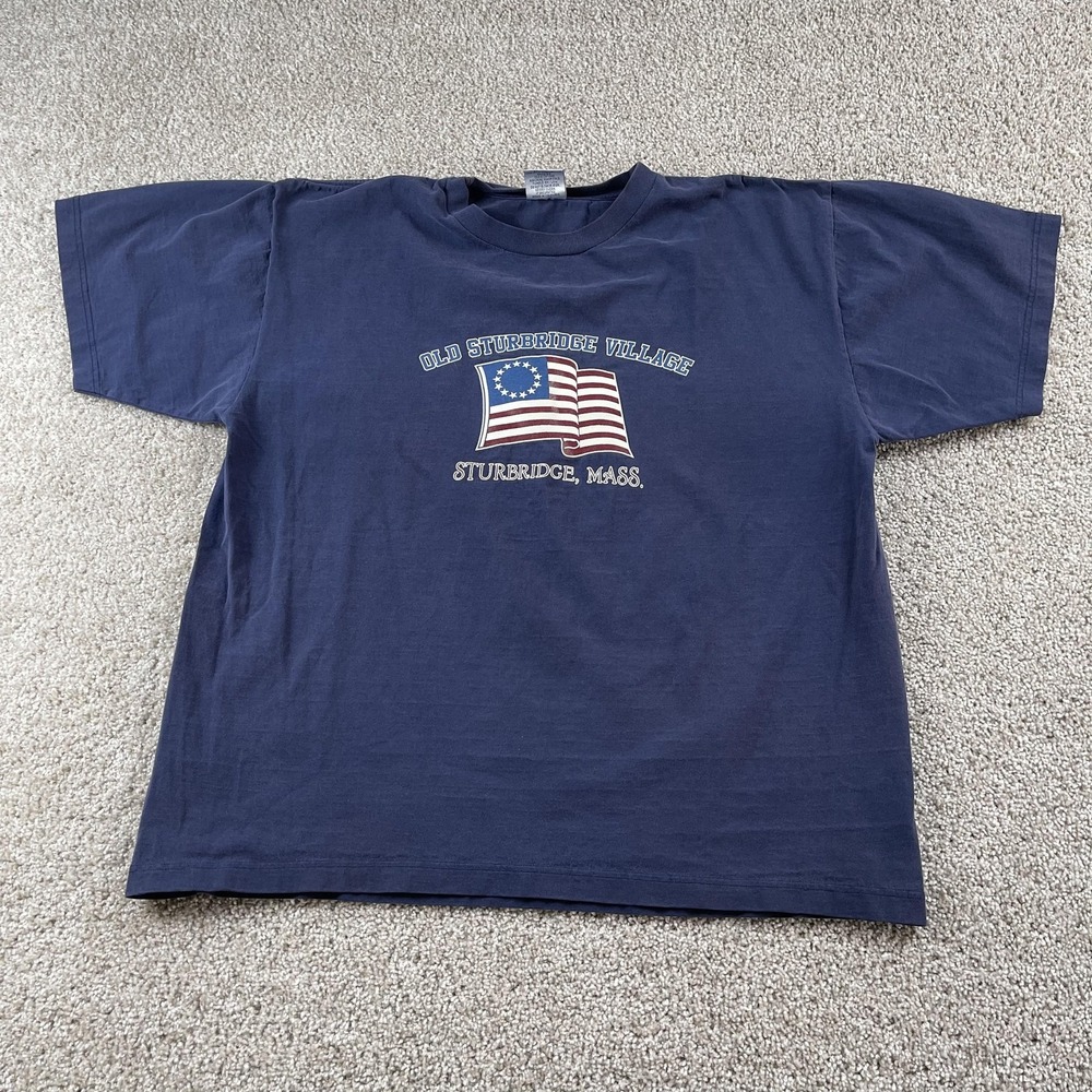 Vintage Old Sturbridge Village Time Out Shirt Mens XL Blue Flag Patriotic Tee